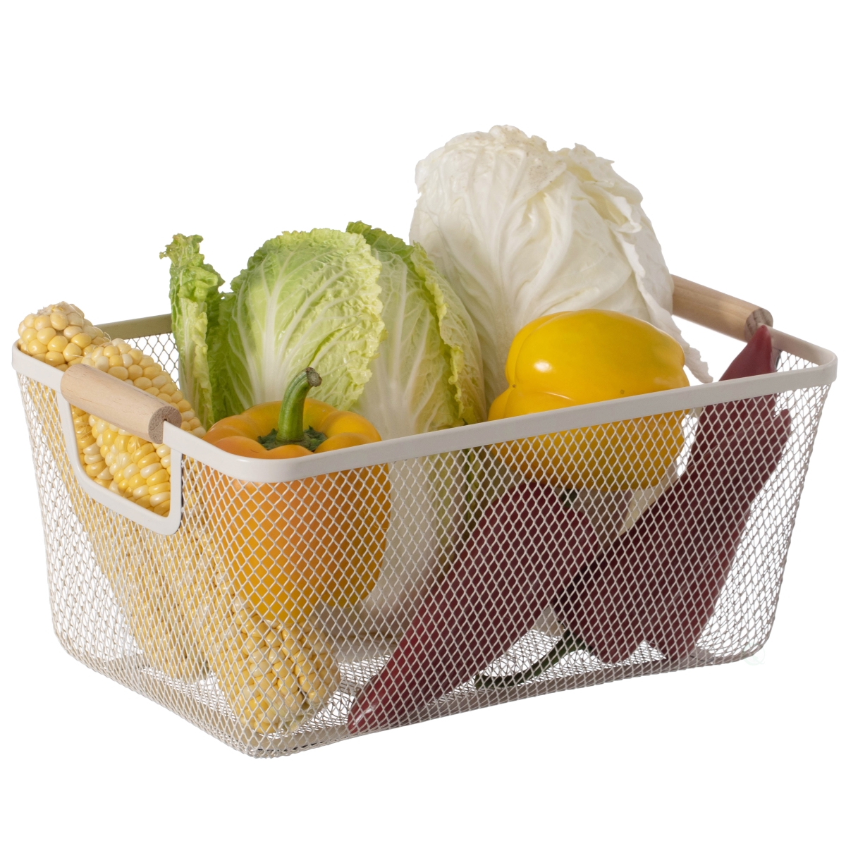Picture of Basicwise QI004824.WT.L Basicwise Multipurpose Metal Mesh Basket with Wooden Handle Storage Organizer for Kitchen Pantry Bathroom Cabinet Closet, Large