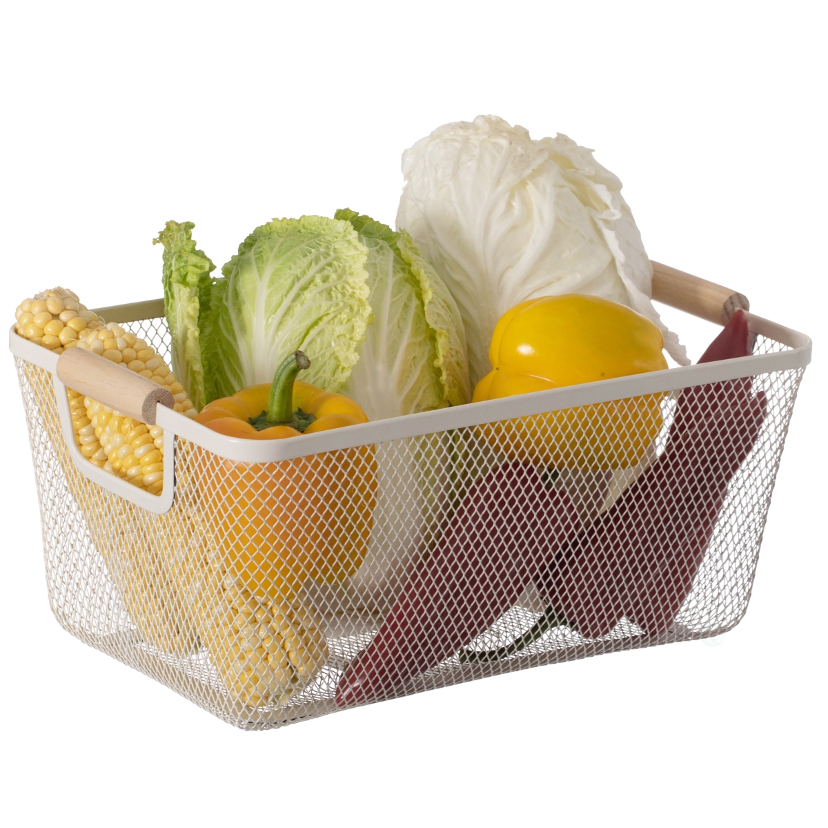 Picture of Basicwise QI004824.WT.M Basicwise Multipurpose Metal Mesh Basket with Wooden Handle Storage Organizer for Kitchen Pantry Bathroom Cabinet Closet, Medium