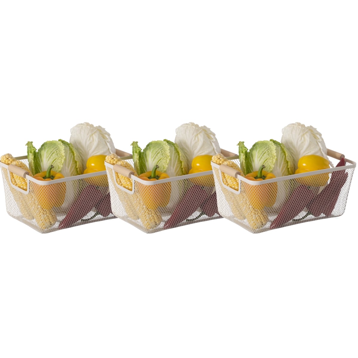 Picture of Basicwise QI004824.WT.L.3 Basicwise Set of 3 Large Multipurpose Metal Mesh Basket with Wooden Handle Storage Organizers for Kitchen Bathroom Cabinet Closet