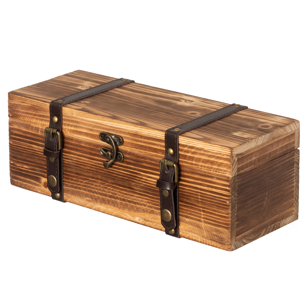 Picture of Vintiquewise QI004867 Vintiquewise Vintage Wooden Wine Gift Box Rustic Single Bottle Holder with Locking Latch Decorative Brass Accents Faux Leather Straps Keepsake Storage Chest