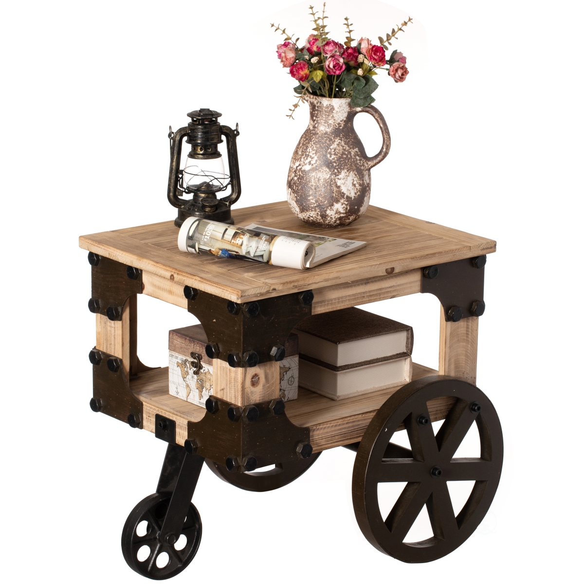QI004926.S  Farmhouse Wagon-Style End Table with Storage Shelf & Rolling Wheels Vintage Wood Accent Table for Living Room Bedroom or Entryway