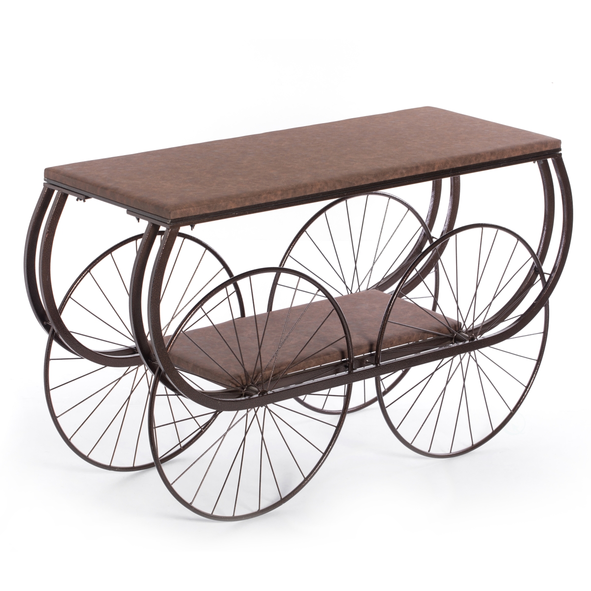 QI004927  Industrial Wagon Style Console Table Rustic Wood Top Large Spoke Metal Wheels & Lower Storage Shelf Vintage Accent Display Table