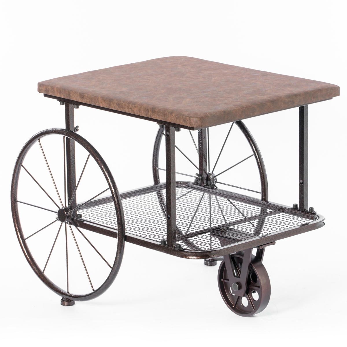 QI004928.S  Industrial Wagon Style Coffee Table with Rustic Wood Top Large Spoke Rolling Wheels Mesh Shelf Functional End Table and Magazine Holder