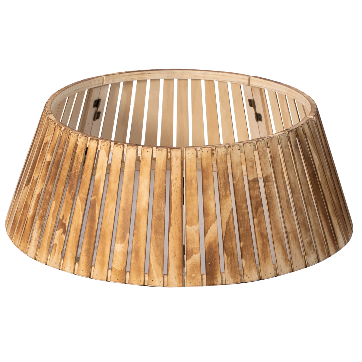 QI004869 Natural Wood Christmas Tree Collar Box with Slatted Panel Design Foldable Tapered Base Cover for Holiday Tree