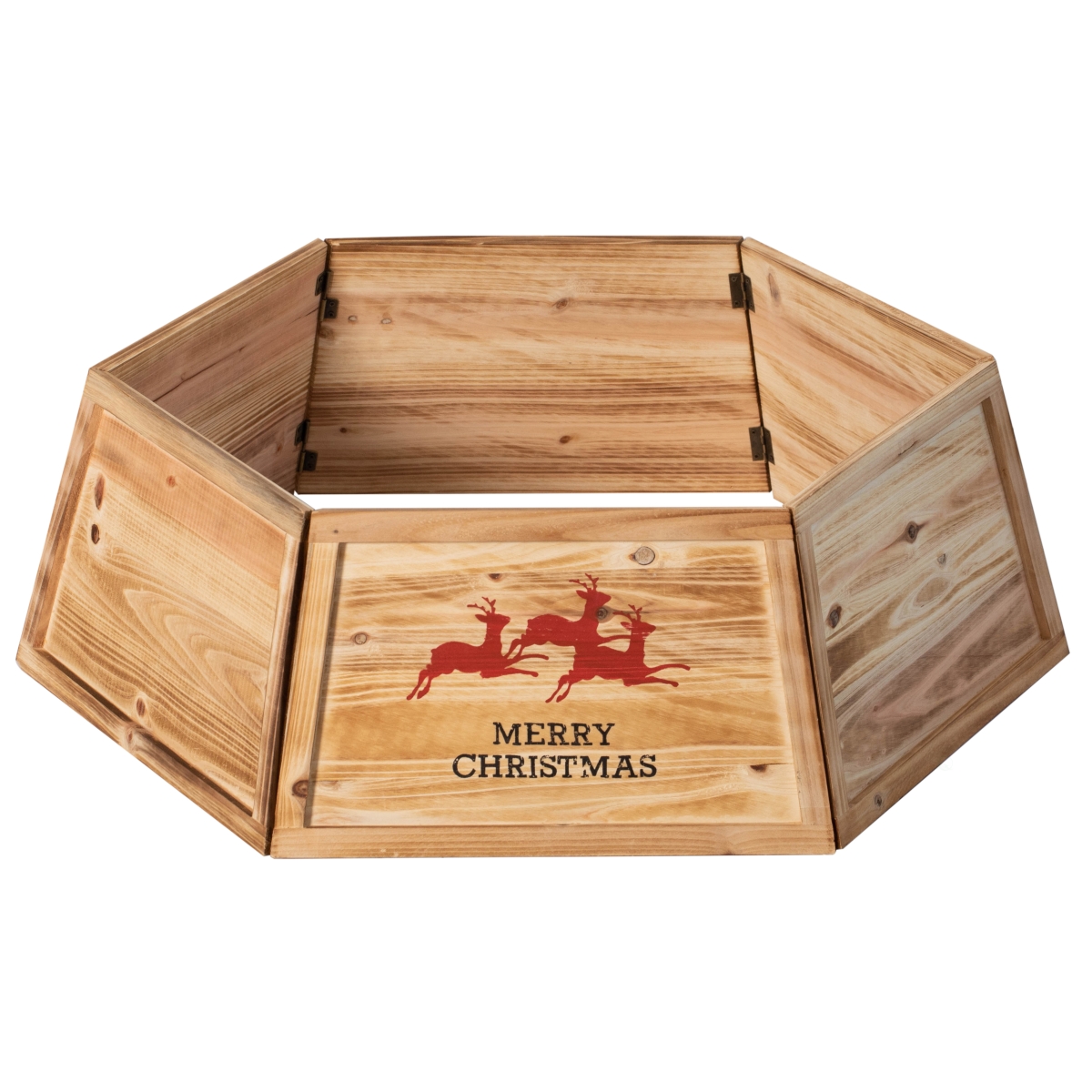 QI004868 Natural Wood Christmas Tree Collar with Deer Pattern Panels Foldable Ring Box Cover and Base Wrap