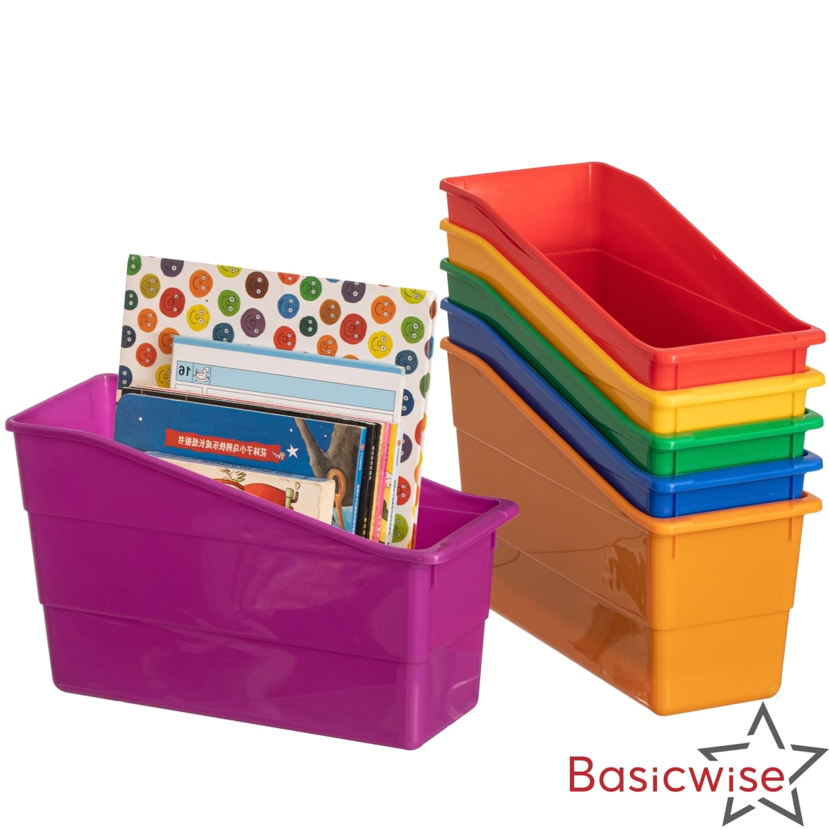 QI004875  6-pc Assorted Color Plastic Storage Bins Versatile Book Magazine & File Holders