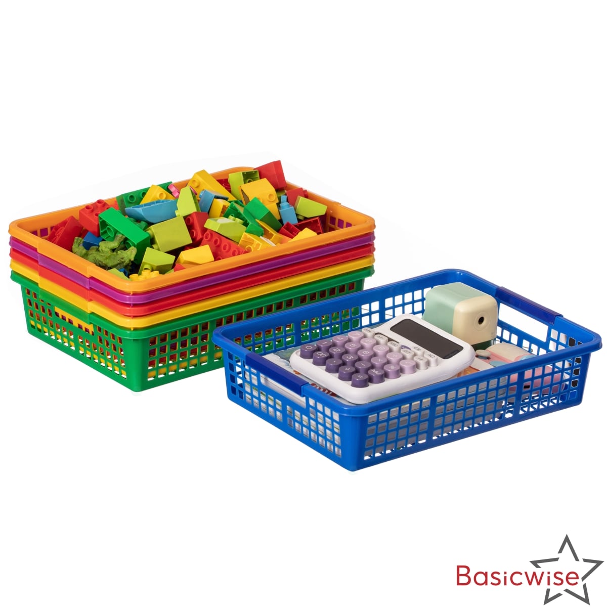 QI004876  6-pc Assorted Colors Plastic Storage Basket Stackable Organizers for Paper Books