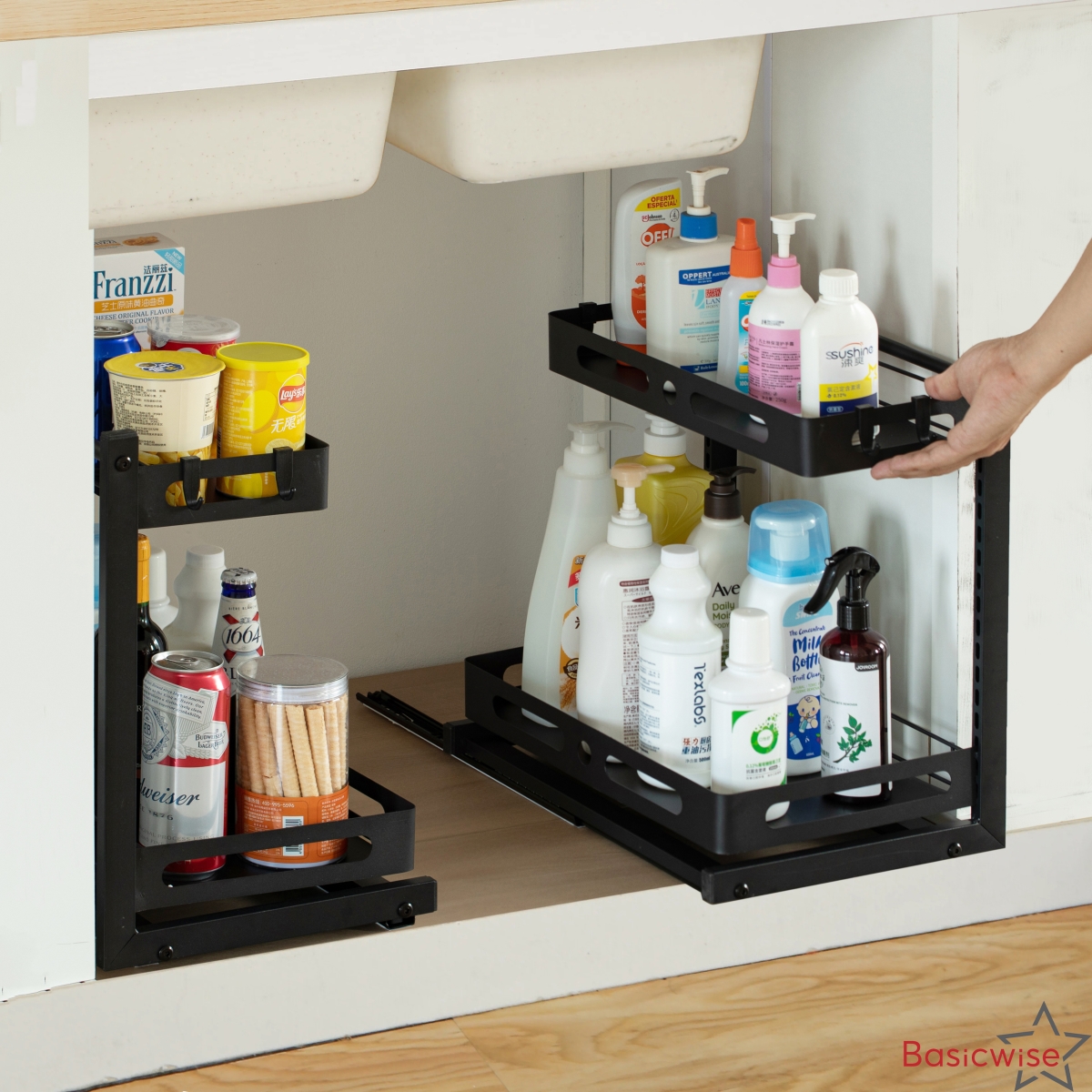 QI004857.BK.2  Adjustable Set of 2 Height Under Sink Pull-Out Organizer Sliding Shelf Rack Heavy-Duty Mesh Baskets for Kitchen