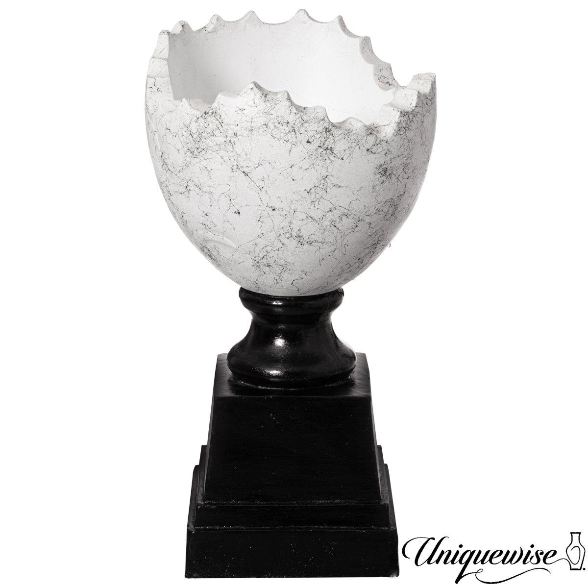 QI004843  28-inch Modern Sculptural Cracked Egg-Shaped Marble Inspired Planter with Black Pedestal Base Minimalist Decorative Accent