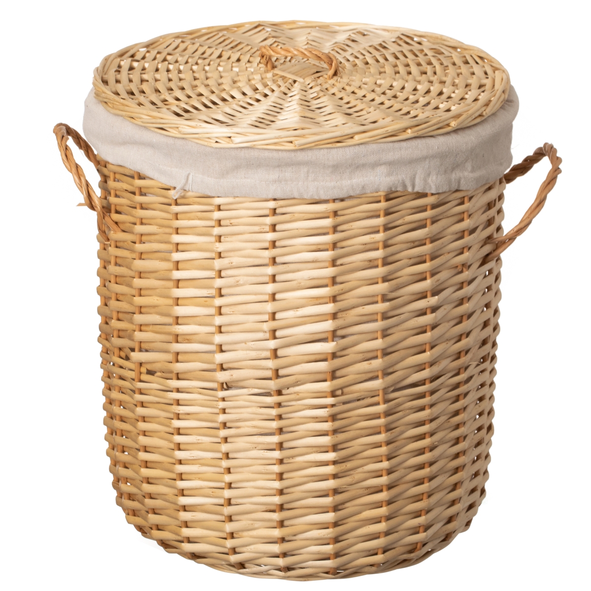 QI004913.L  Round Willow Wicker Laundry Basket with Lid Side Handles & Removable Fabric Liner Natural Decorative Storage Hamper, Large