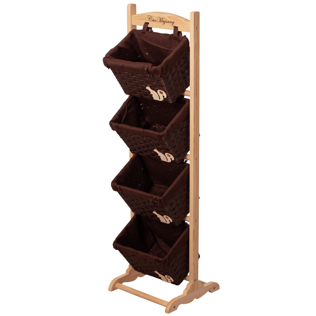 QI004914  4-Tier Wooden Frame Stand with Woven-Inspired Plastic Baskets Freestanding Organizer Rack for Retail Display Market Stall or Home Storage