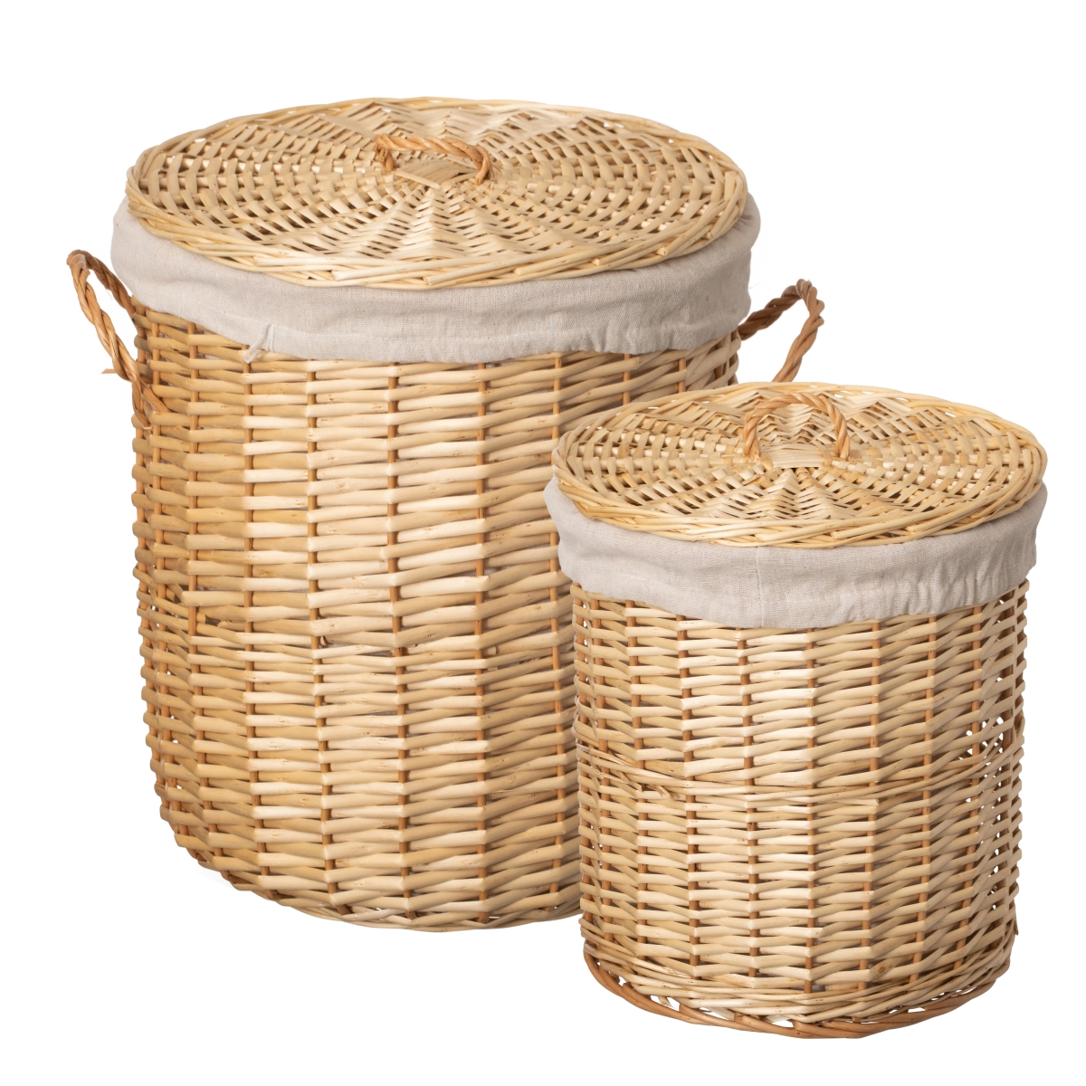 QI004913.2 Set of 2 Round Willow Wicker Laundry Baskets with Lids Side Handles & Removable Fabric Liners Natural Decorative Storage Hampers
