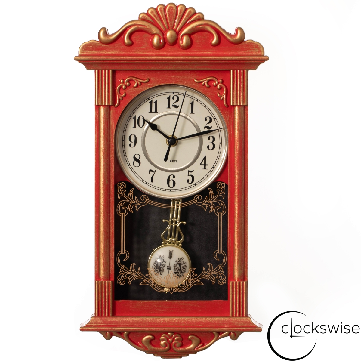 QI004145.RD Vintage Grandfather Wood-Looking Plastic Pendulum Decorative Battery-Operated Wall Clock, Red