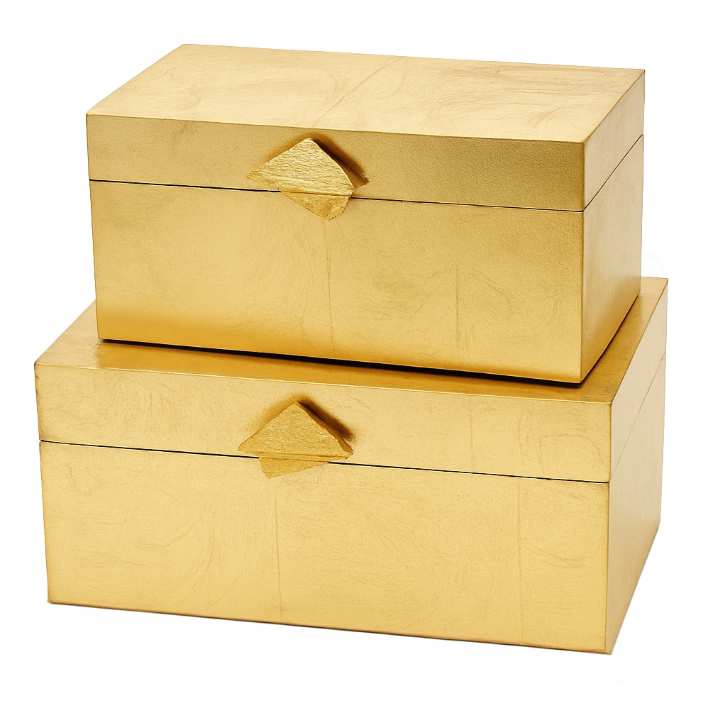 Set of 2 Decorative Wooden Storage Boxes with Gold Accent  Boxes for Keys, Trinkets, Jewelry, Makeup, Accessories, Gold