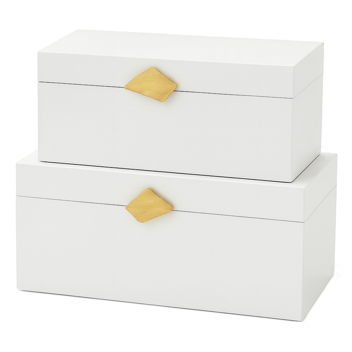 Set of 2 Decorative Wooden Storage Boxes with Gold Accent  Boxes for Keys, Trinkets, Jewelry, Makeup, Accessories, White