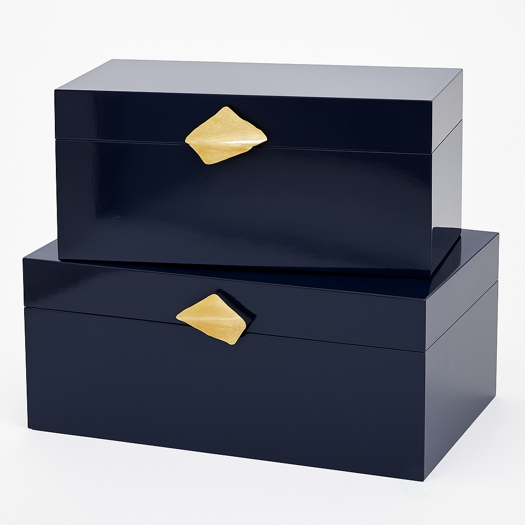 Set of 2 Decorative Wooden Storage Boxes with Gold Accent  Boxes for Keys, Trinkets, Jewelry, Makeup, Accessories, Blue