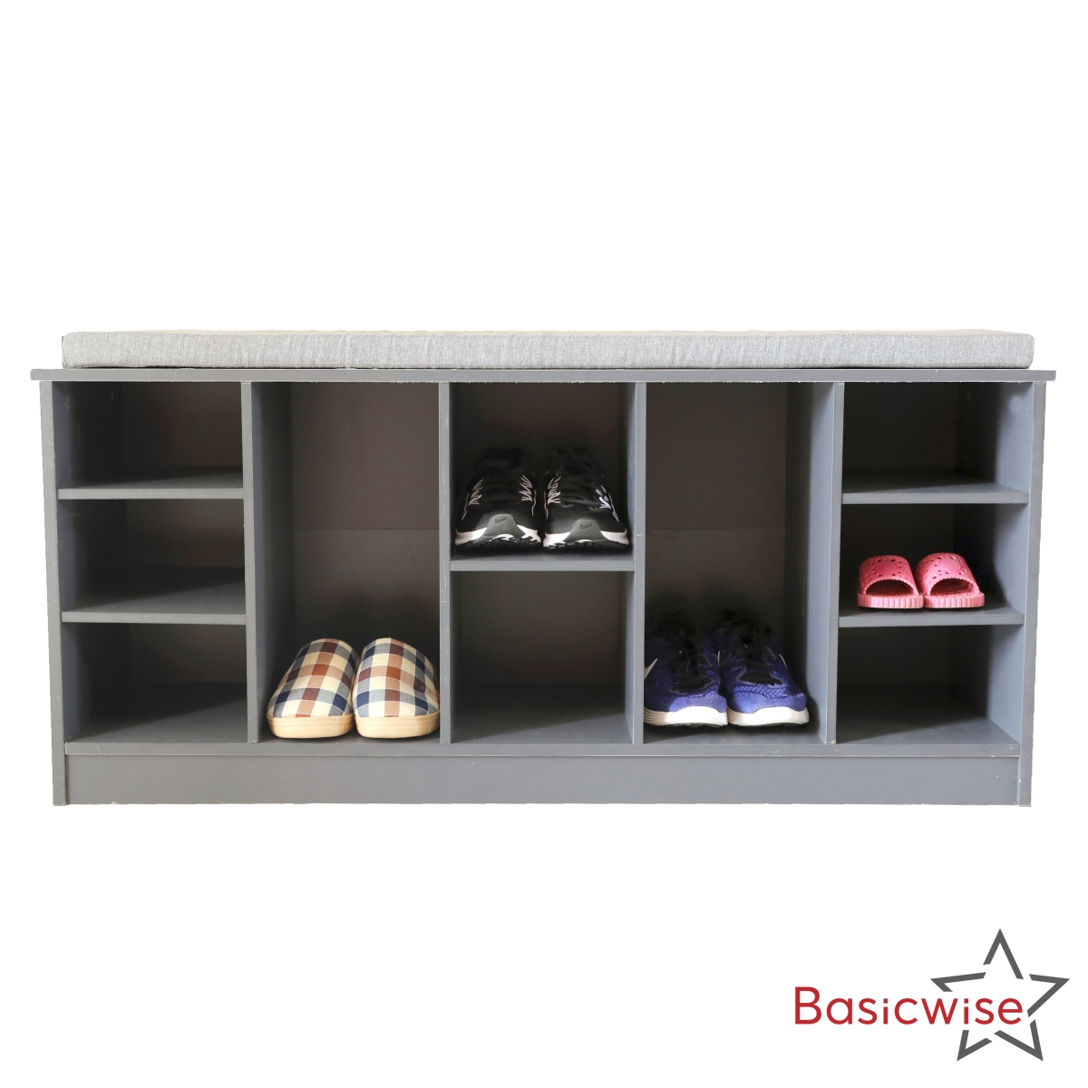 Multi-Purpose Wooden Shoe Storage Bench Cushioned Seat Open Cubby Compartments and Versatile Organizer for Shoes Boots Sneakers and Accessories