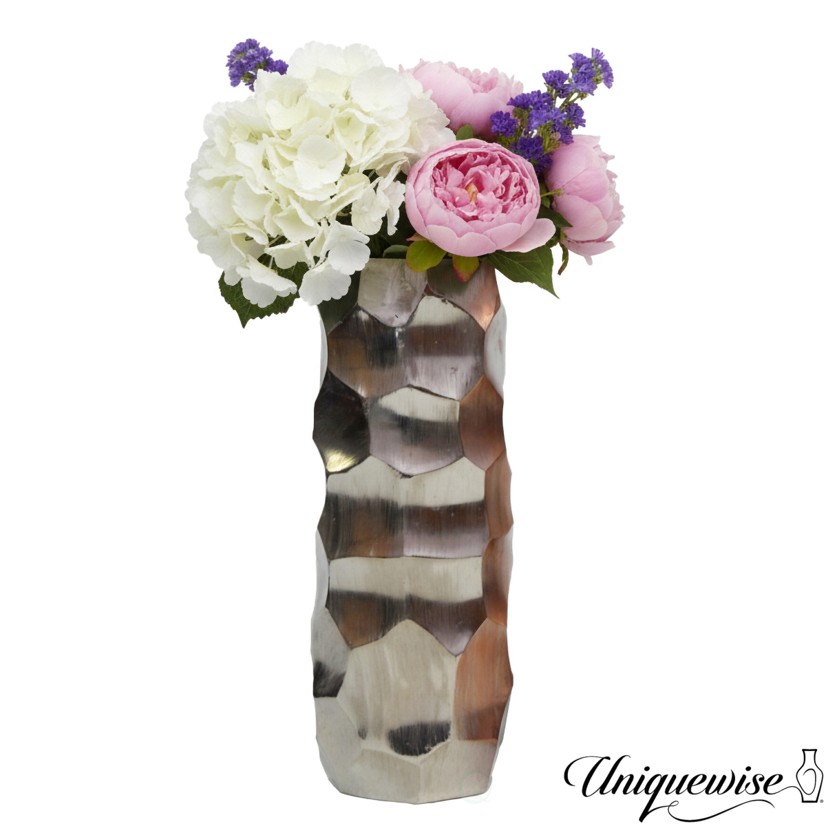 Small Decorative Modern Metal Honeycomb Design Table Flower Vase in Silver, 9-Inch Height, Compact Contemporary Accent for Dining Room