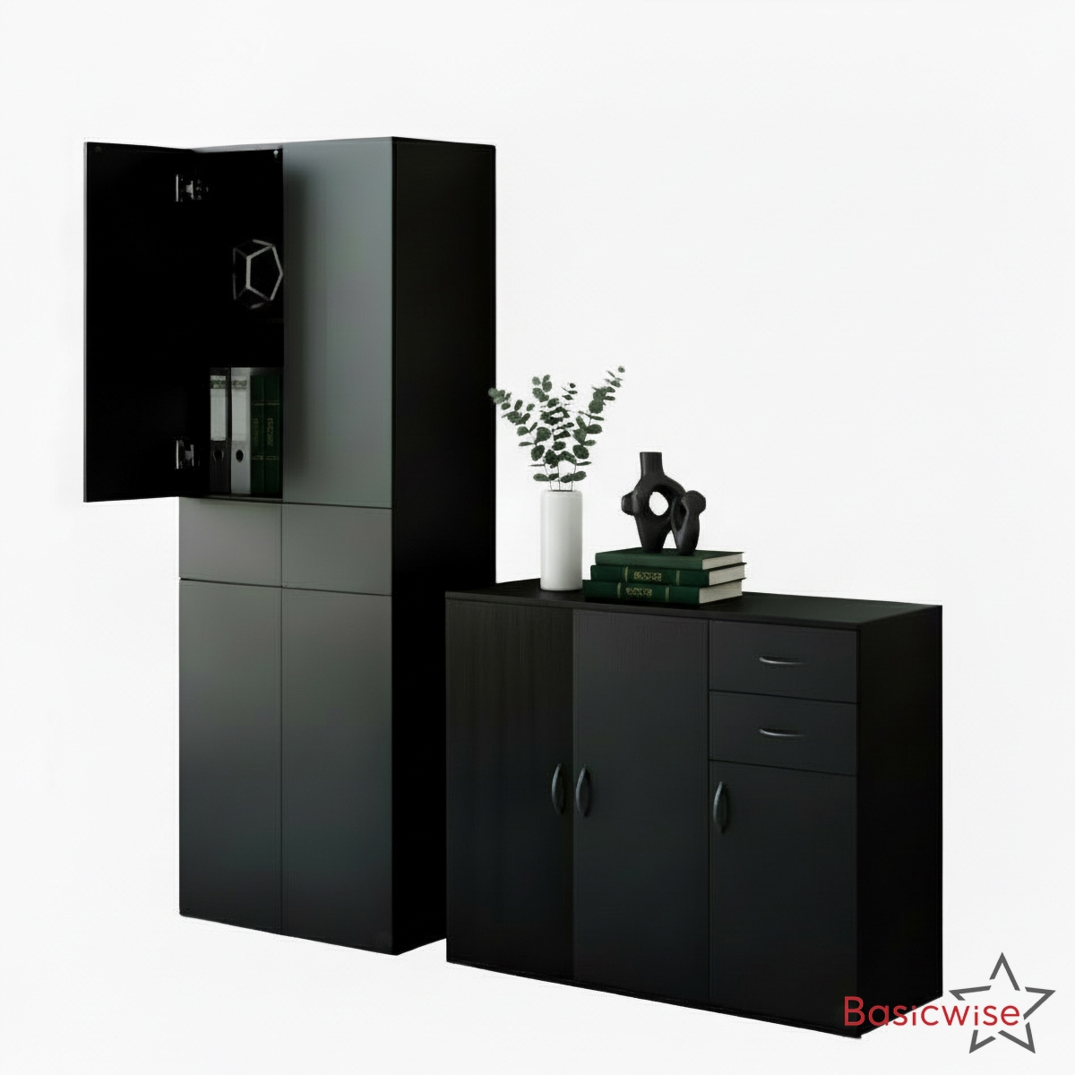 QI004546.BK  Set of 1 Buffet Table with Drawers & Multi Door Storage Plus 1 Tall Cabinet with Compartments and Adjustable Shelves, Black