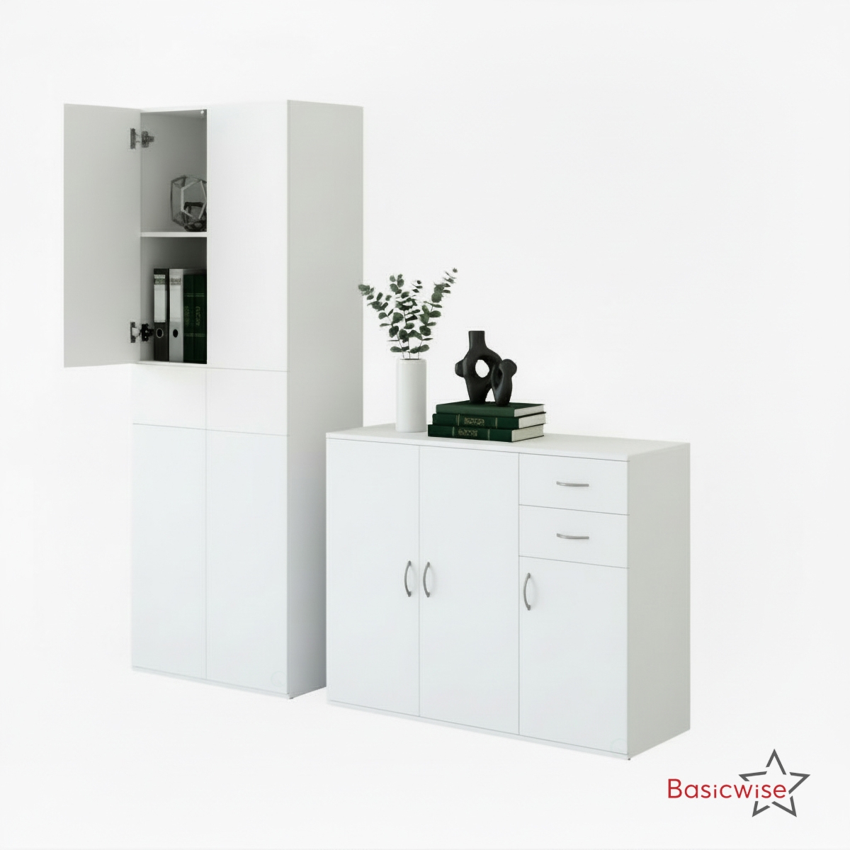 QI004546.WT  Set of 1 Buffet Table with Drawers & Multi Door Storage Plus 1 Tall Cabinet with Compartments and Adjustable Shelves, White