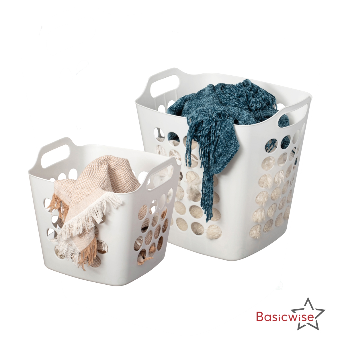 QI003857WT.2  Set of 2 Plastic Laundry Baskets, Large & Small, Ventilated, Stackable, White