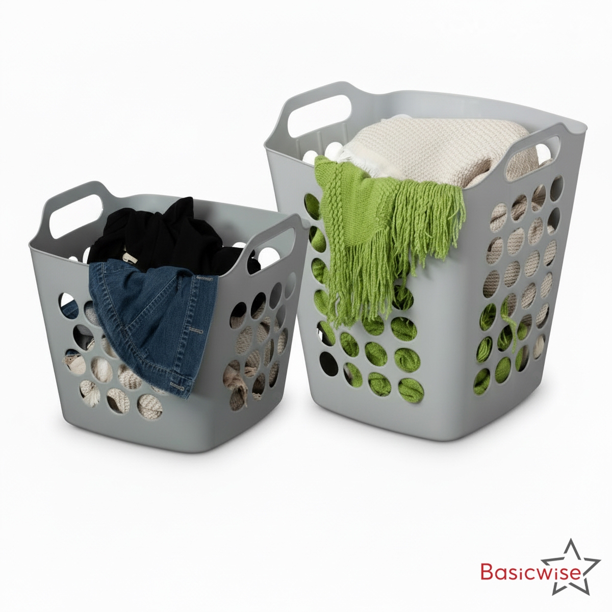 QI003857GY.2  Set of 2 Plastic Laundry Baskets, Large & Small, Ventilated, Stackable, Gray