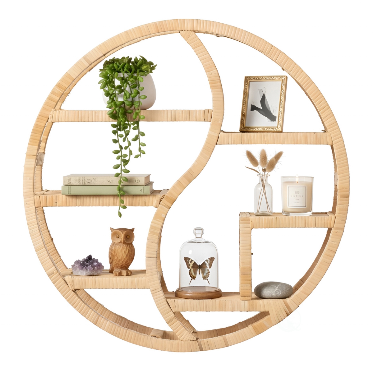 QI004943  Round Bamboo Wall Shelf with 3-Tier Wooden Display Sections Boho Circle Hanging Shelf for Living Room Bedroom Entryway & Home Decor