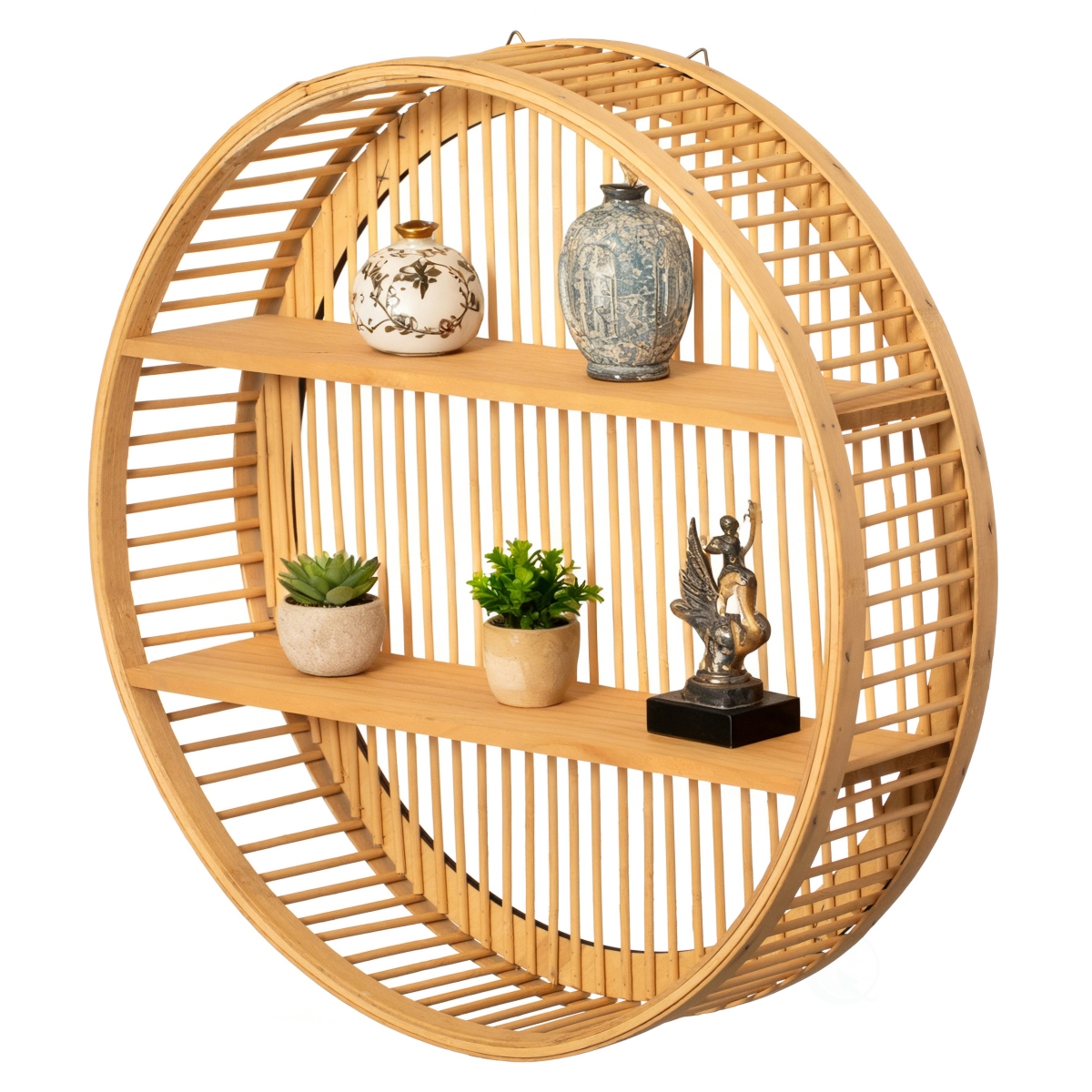 QI004514.L  Round Bamboo Wall Shelf with 2 Wooden Tiers  Natural Hanging Wall Decor and Floating Display Rack, Large