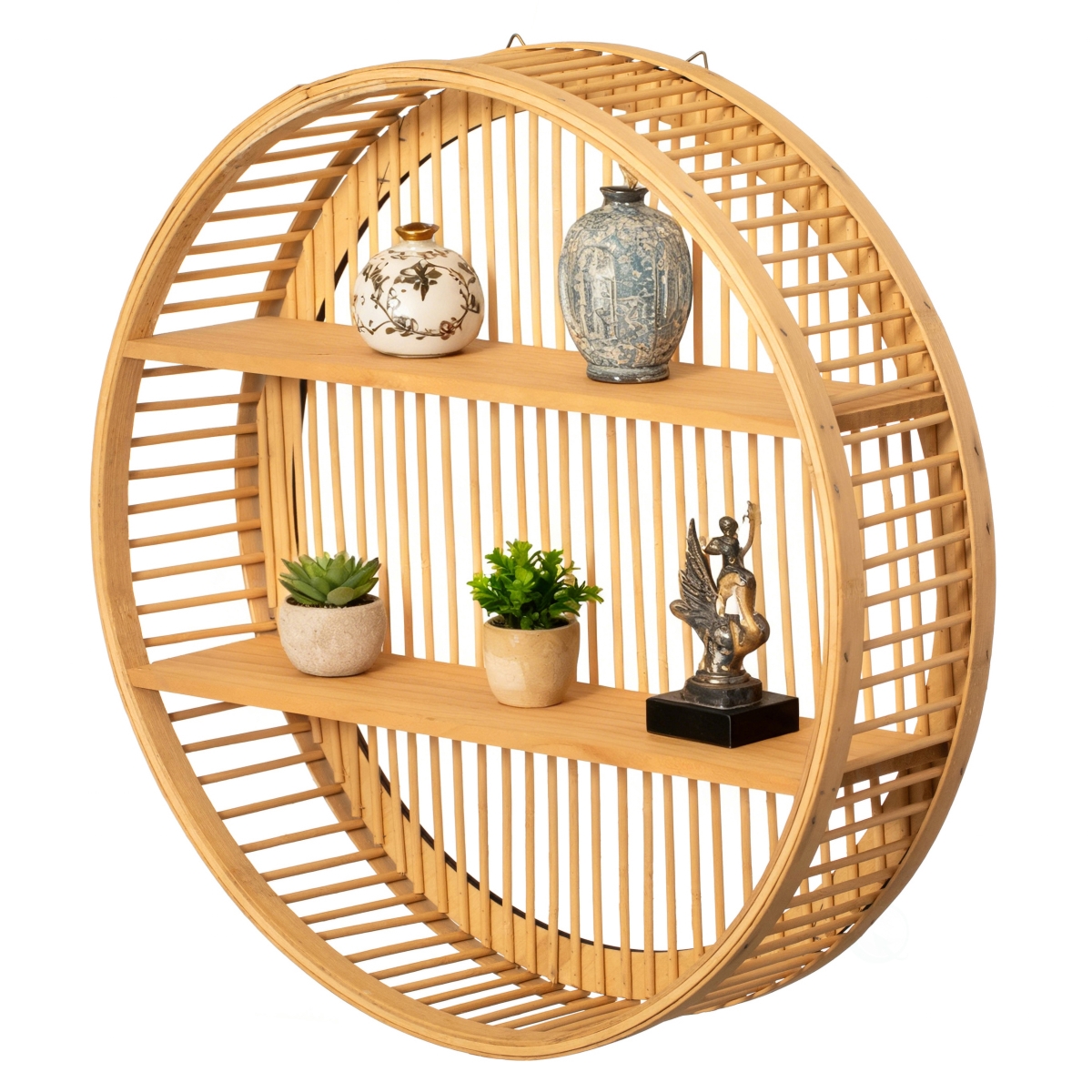 QI004514.S  Round Bamboo Wall Shelf with 2 Wooden Tiers  Natural Hanging Wall Decor and Floating Display Rack, Small