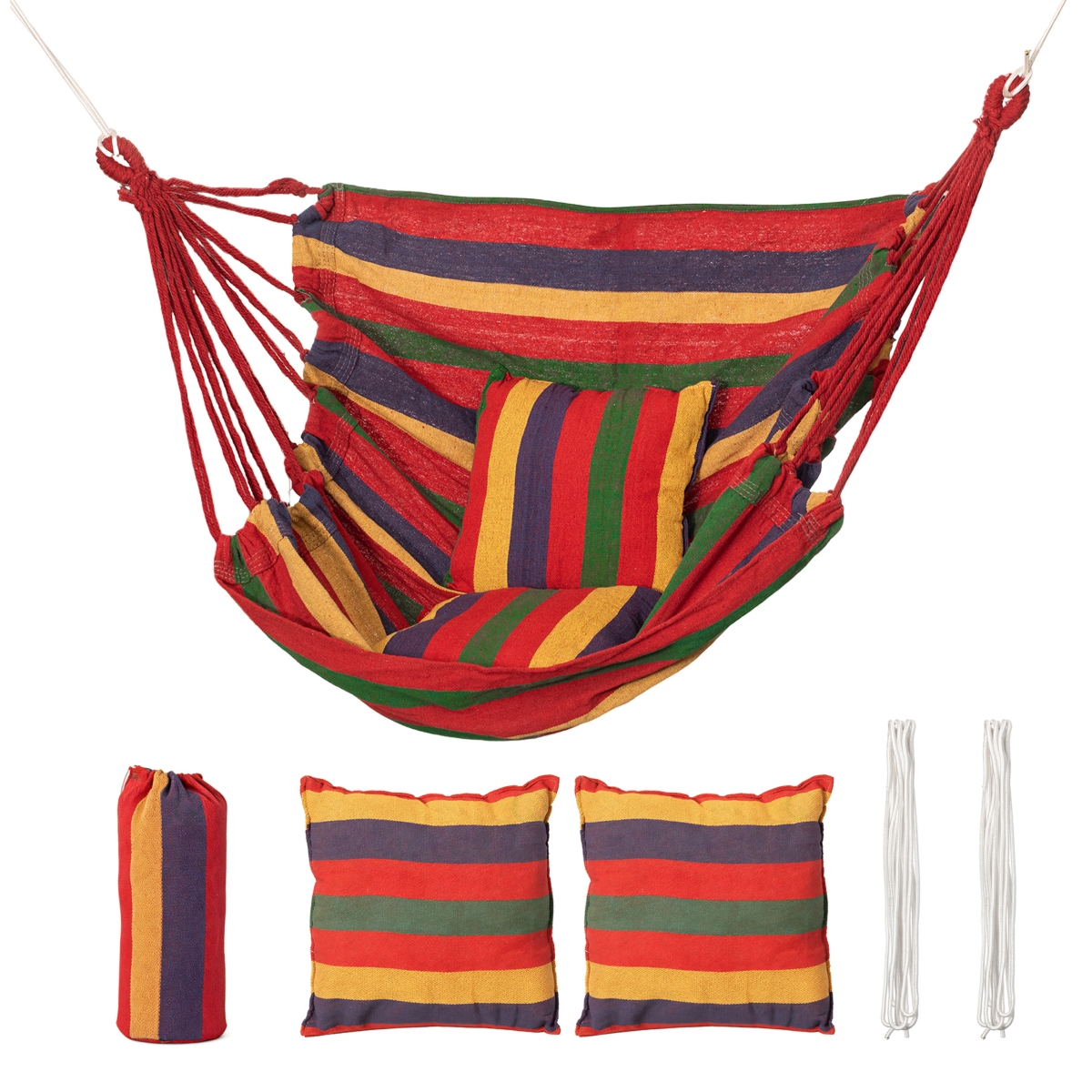 QI004960 Multicolor Fabric Hanging Hammock Chair with Two Matching Cushions Hanging Ropes & Storage Bag for Indoor and Outdoor