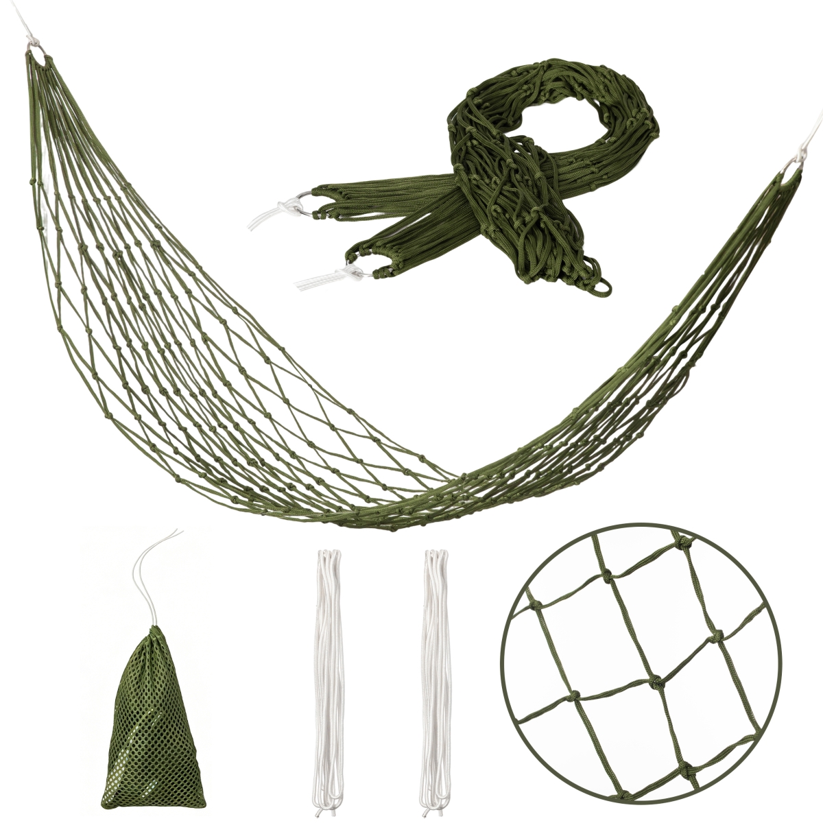 QI004959 Portable Rope Hammock with Hanging Cords & Carry Bag Lightweight Compact Design for Indoor and Outdoor, Olive Green Net Hammock