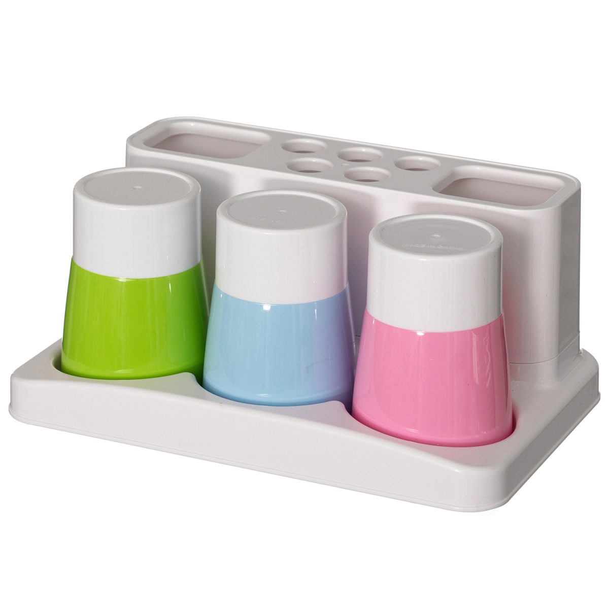 QI003326N  Plastic Bathroom Toothbrush Holder Countertop Organizer Storage Rack with 5 Brush Holes 2 Toothpaste Slots and 3 Colors Rinse Cups
