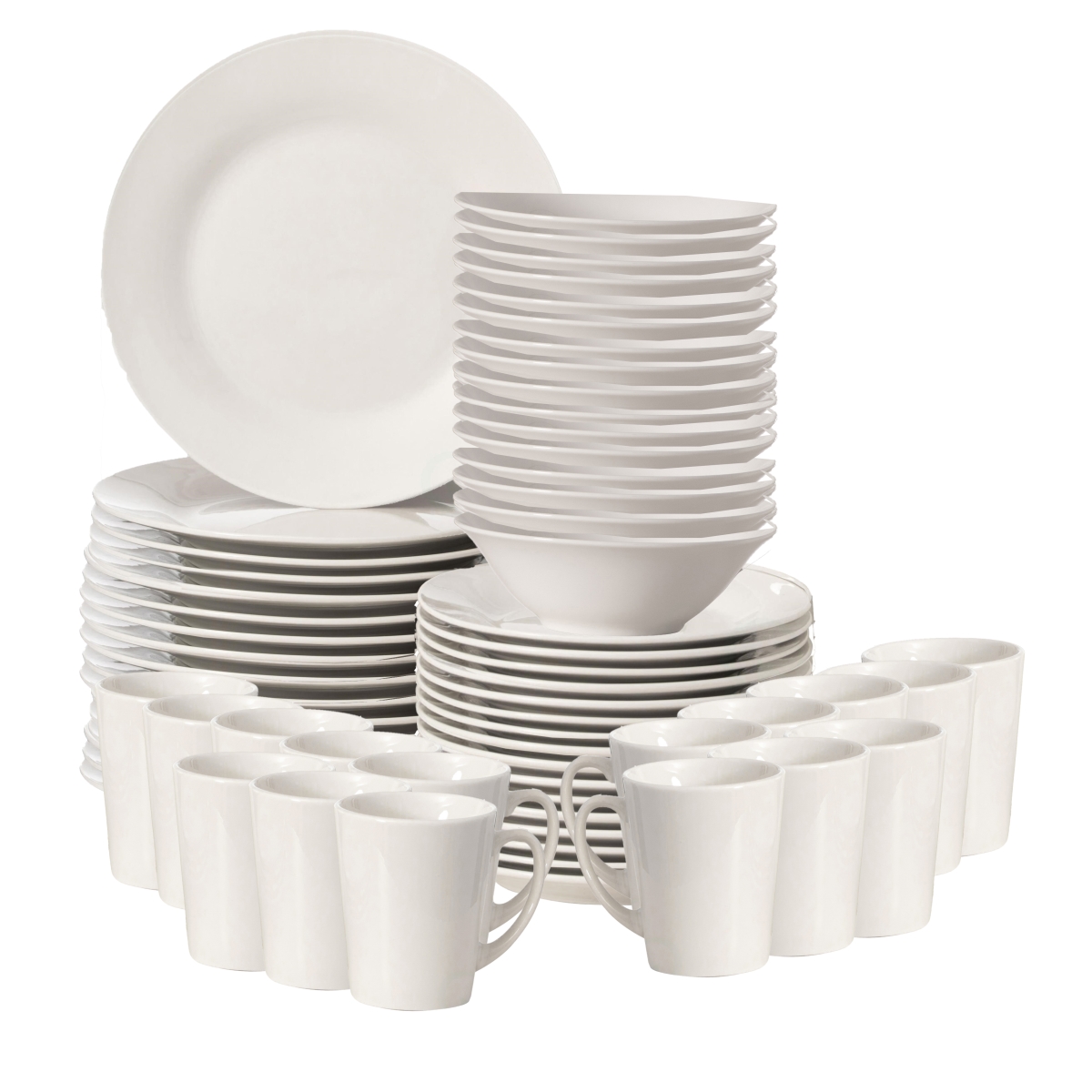 Di ares QI004500.4 64-PC Dinnerware Set for 16 Includes Mugs Bowls Salad and Dinner Plates Chip Resistant Microwave and Dishwasher Safe, White