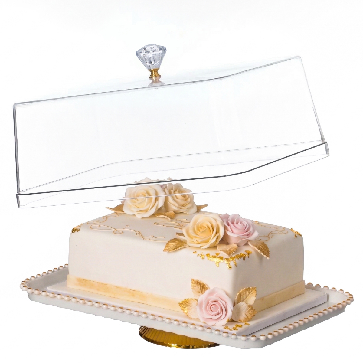 Picture of Basicwise QI004984.RC Basicwise 16' Rectangular Cake Stand Dessert Serving Platter with Clear Tray and Cover Gold Pedestal Base Beaded Edge