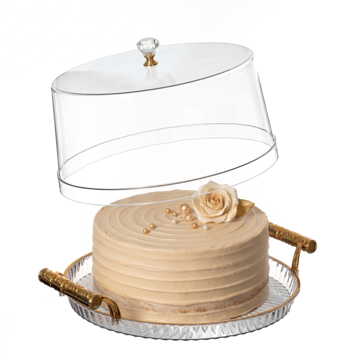 Picture of Basicwise QI004984.RD Basicwise 12-Inch Round Plastic Cake Stand with Clear Flat-Top Cover and Gold Handles Ribbed Serving Tray