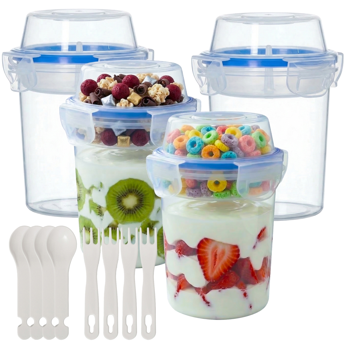 QI004985.4  480ml Airtight Cereal Storage Container with Separate Topping Cup Leak-Resistant Clip-Lock Lid Stackable Snack & Yogurt Cup