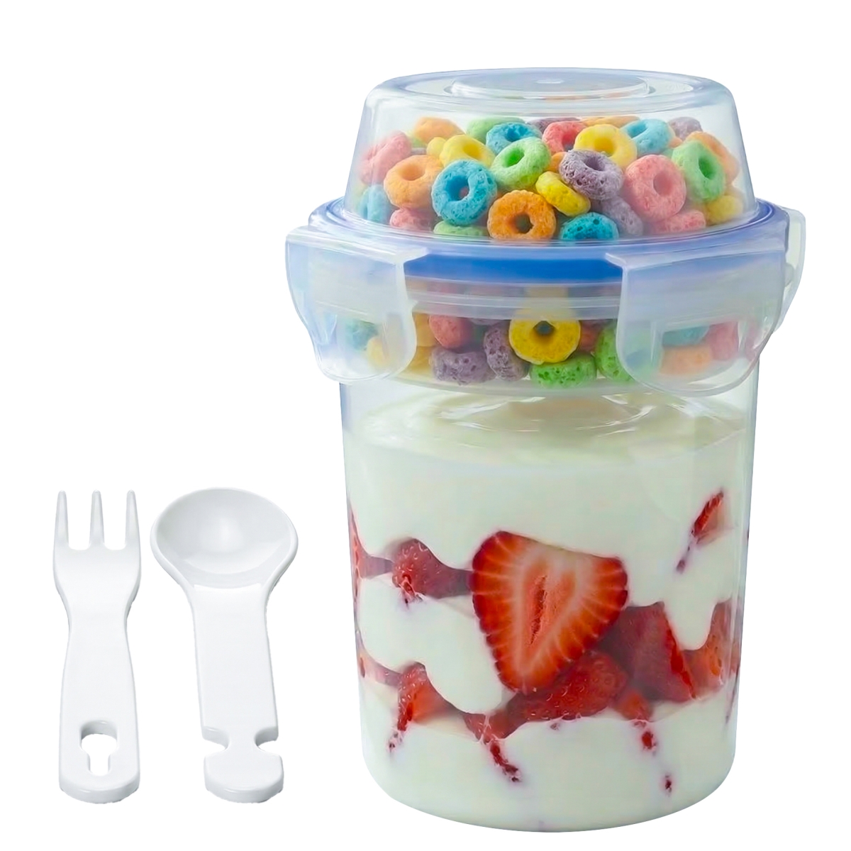 QI004985  480ml Airtight Cereal Storage Container with Separate Topping Cup Leak-Resistant Clip-Lock Lid Stackable Snack & Yogurt Cup
