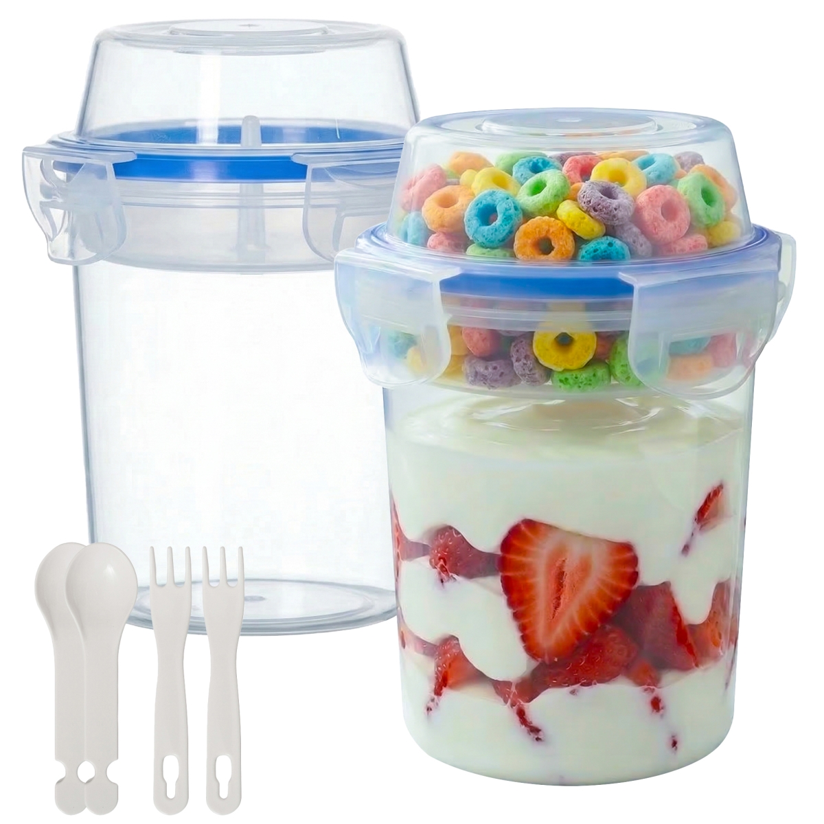 QI004985.2  480ml Airtight Cereal Storage Container with Separate Topping Cup Leak-Resistant Clip-Lock Lid Stackable Snack & Yogurt Cup