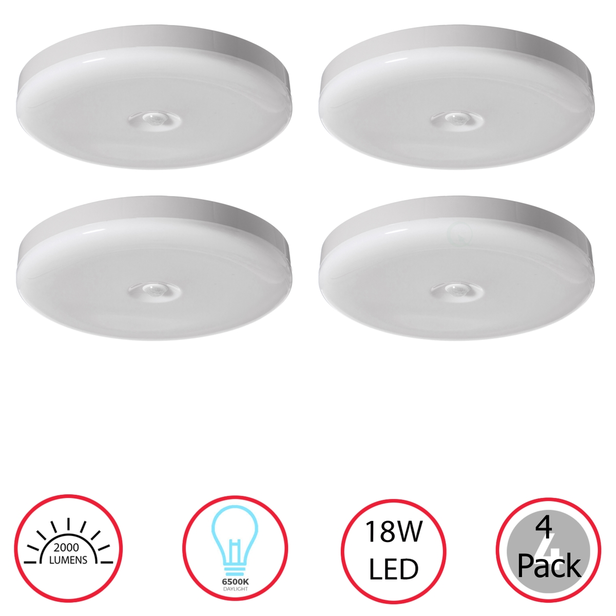 Modern White Set of 4 Round 12 Inch Motion Sensor LED Indoor Ceiling Light Flush Mount Fixture 6500K Daylight, 1800lm 18W Energy Efficient