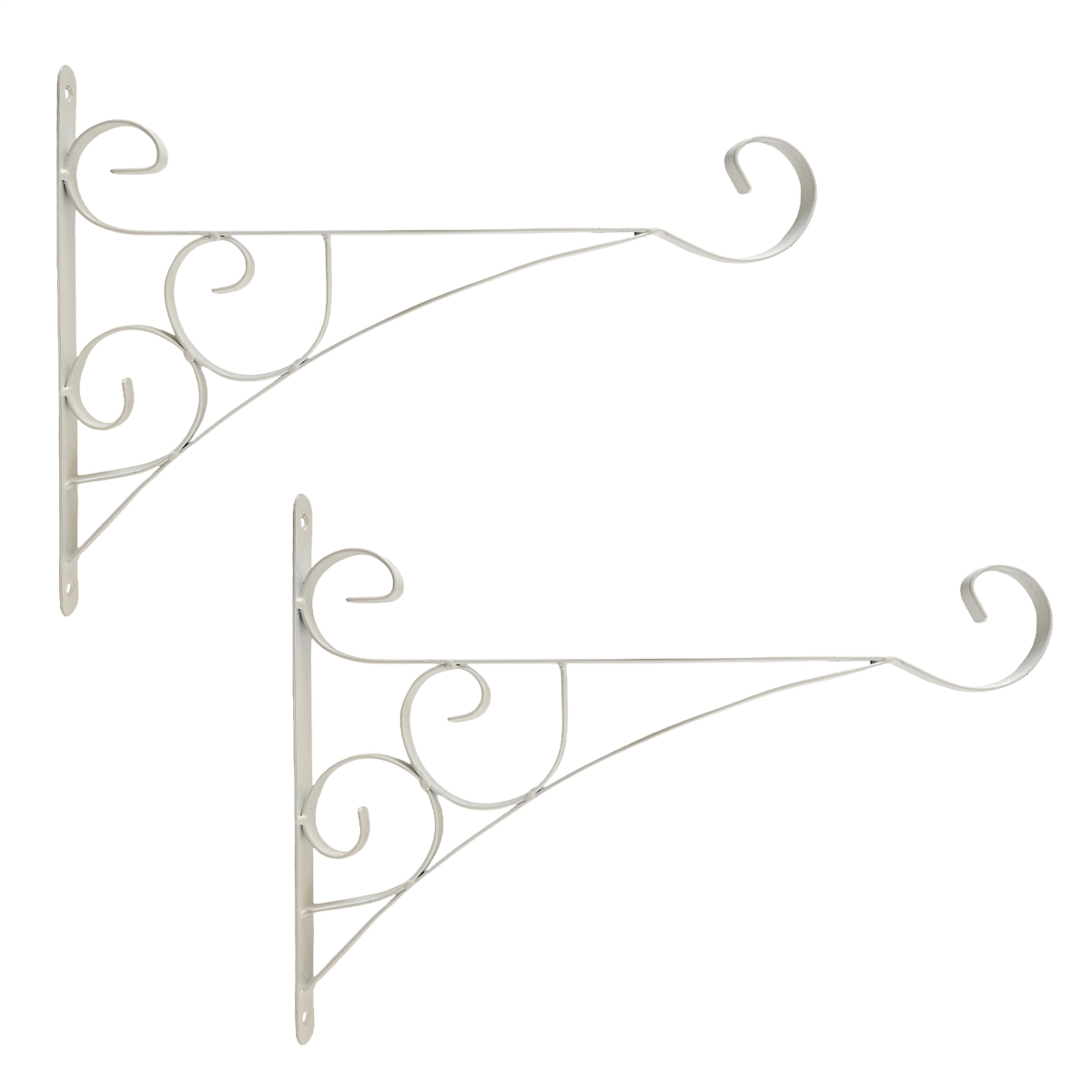 QI004993.2 Scroll Metal Wall Bracket with Curled Hook for Hanging Accessories and Flowerpots for Indoor & Outdoor Use, White Set of 2