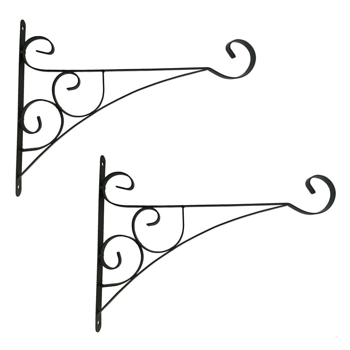 QI004993.BK.2 Scroll Metal Wall Bracket with Curled Hook for Hanging Accessories and Flowerpots for Indoor & Outdoor Use, Black Set of 2