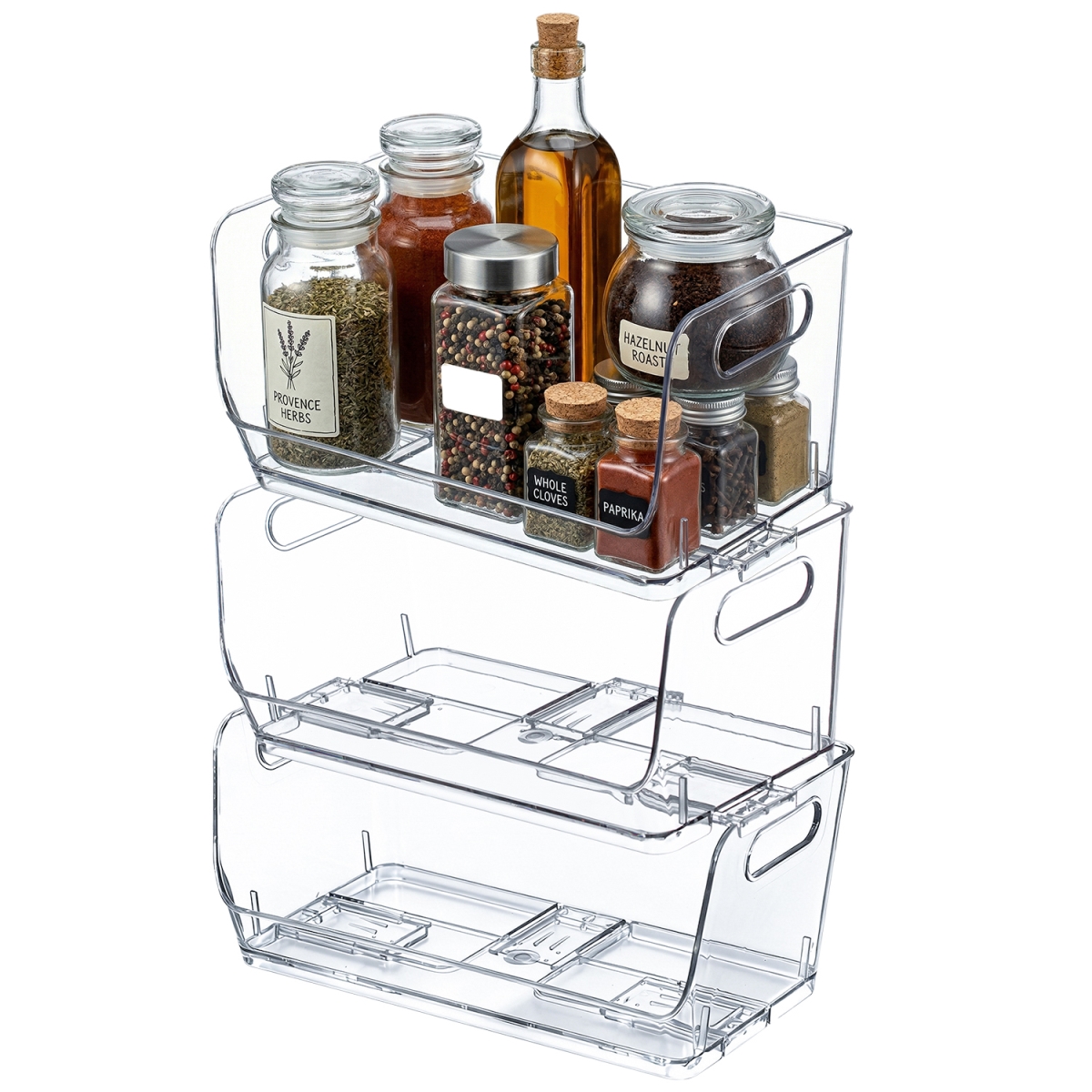 QI004986.L.3  Set of 3 Open-Front 12-Inch Clear Storage Bins with Easy-Grip Handles Stackable Transparent Plastic Organizer Container