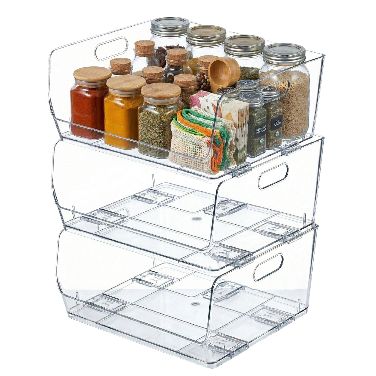 Set of 3 Open-Front 16' Clear Storage Bins with Easy-Grip Handles Stackable Transparent Plastic Organizer Container for Pantry Cabinet