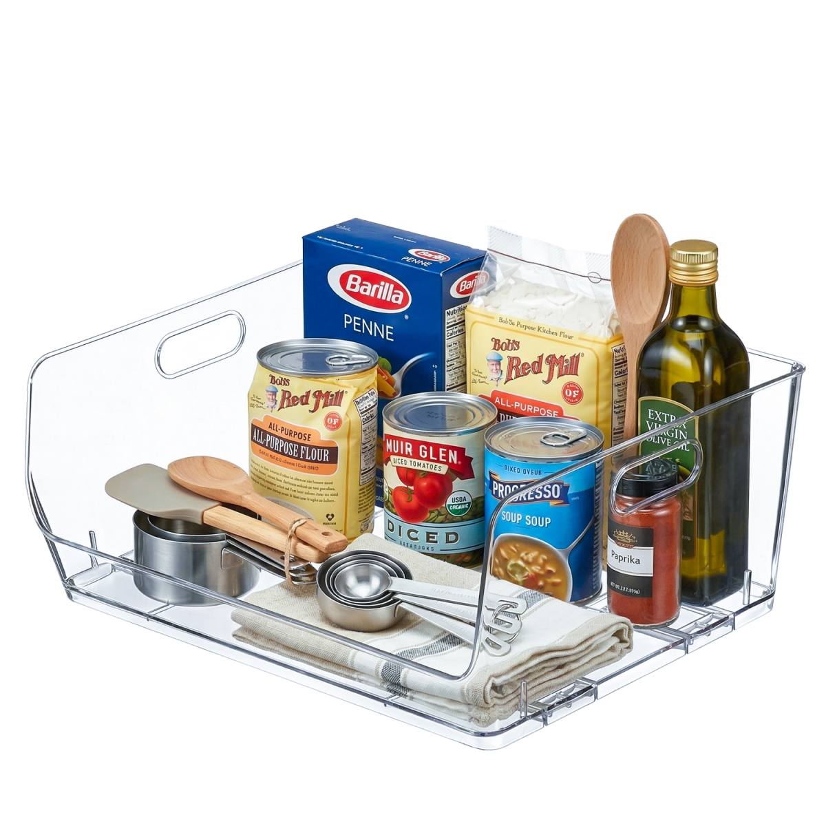 QI004986.XL  16' Open-Front Clear Storage Bin with Easy-Grip Handle Stackable Transparent Plastic Organizer Container for Pantry Cabinet