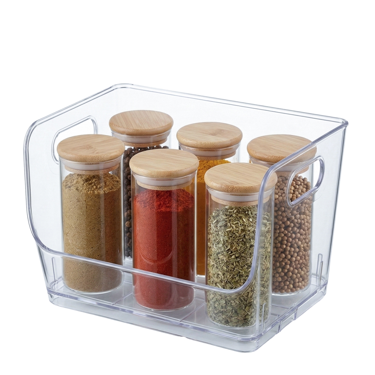 QI004986.S  7-Inch Open-Front Clear Storage Bin with Easy-Grip Handle Stackable Transparent Plastic Organizer Container