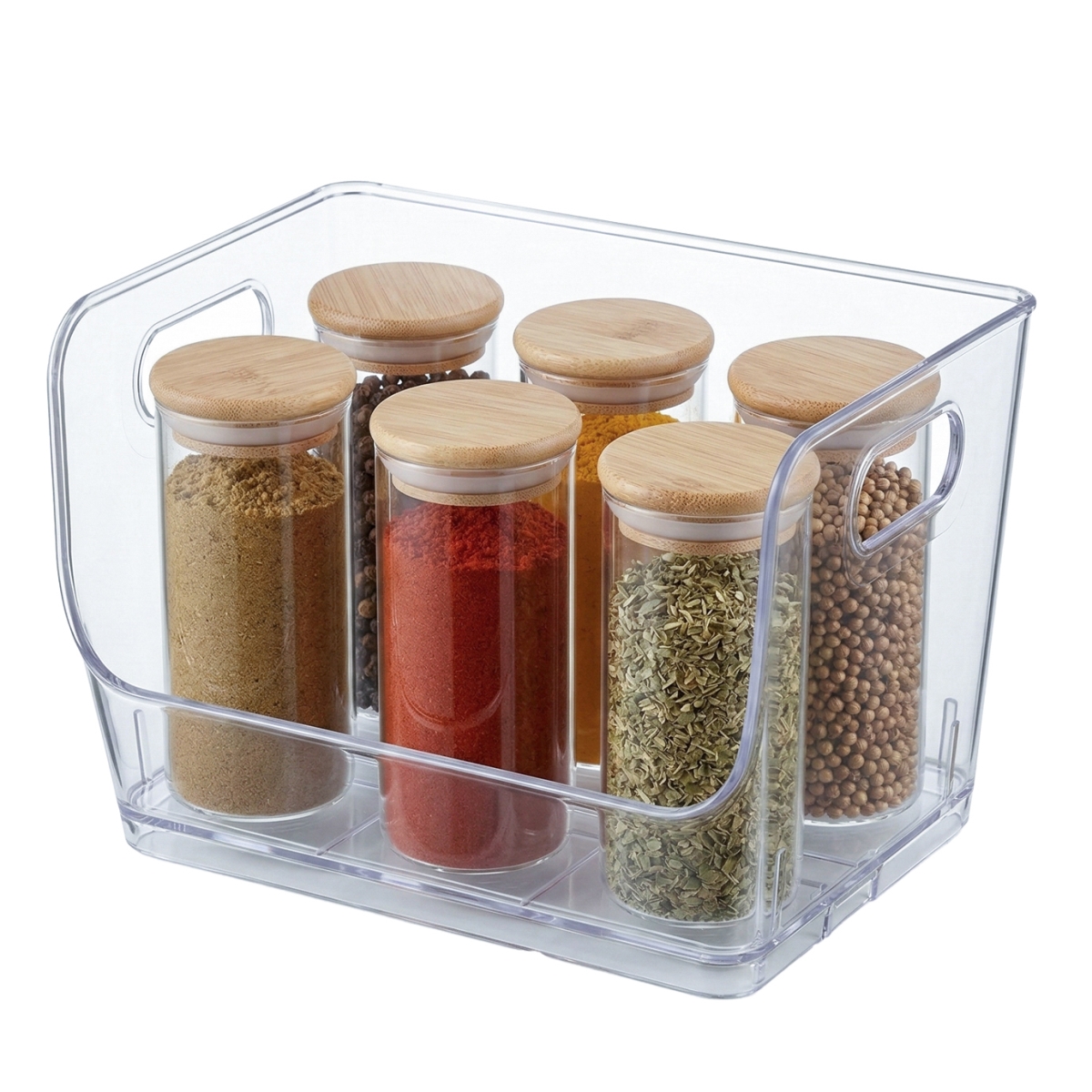QI004986.M  9-Inch Open-Front Clear Storage Bin with Easy-Grip Handle Stackable Transparent Plastic Organizer Container