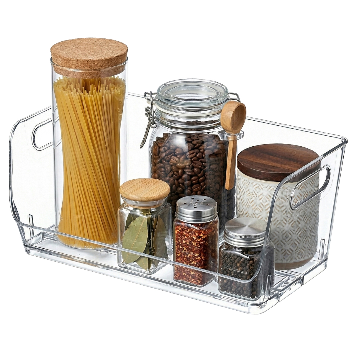 QI004986.L  12-Inch Open-Front Clear Storage Bin with Easy-Grip Handle Stackable Transparent Plastic Organizer Container