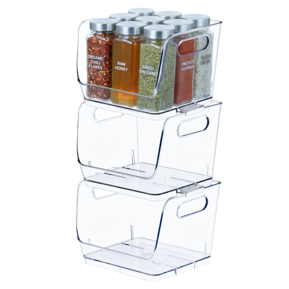 QI004986.S.3  Set of 3 Open-Front 7-Inch Clear Storage Bins with Easy-Grip Handles Stackable Transparent Plastic Organizer