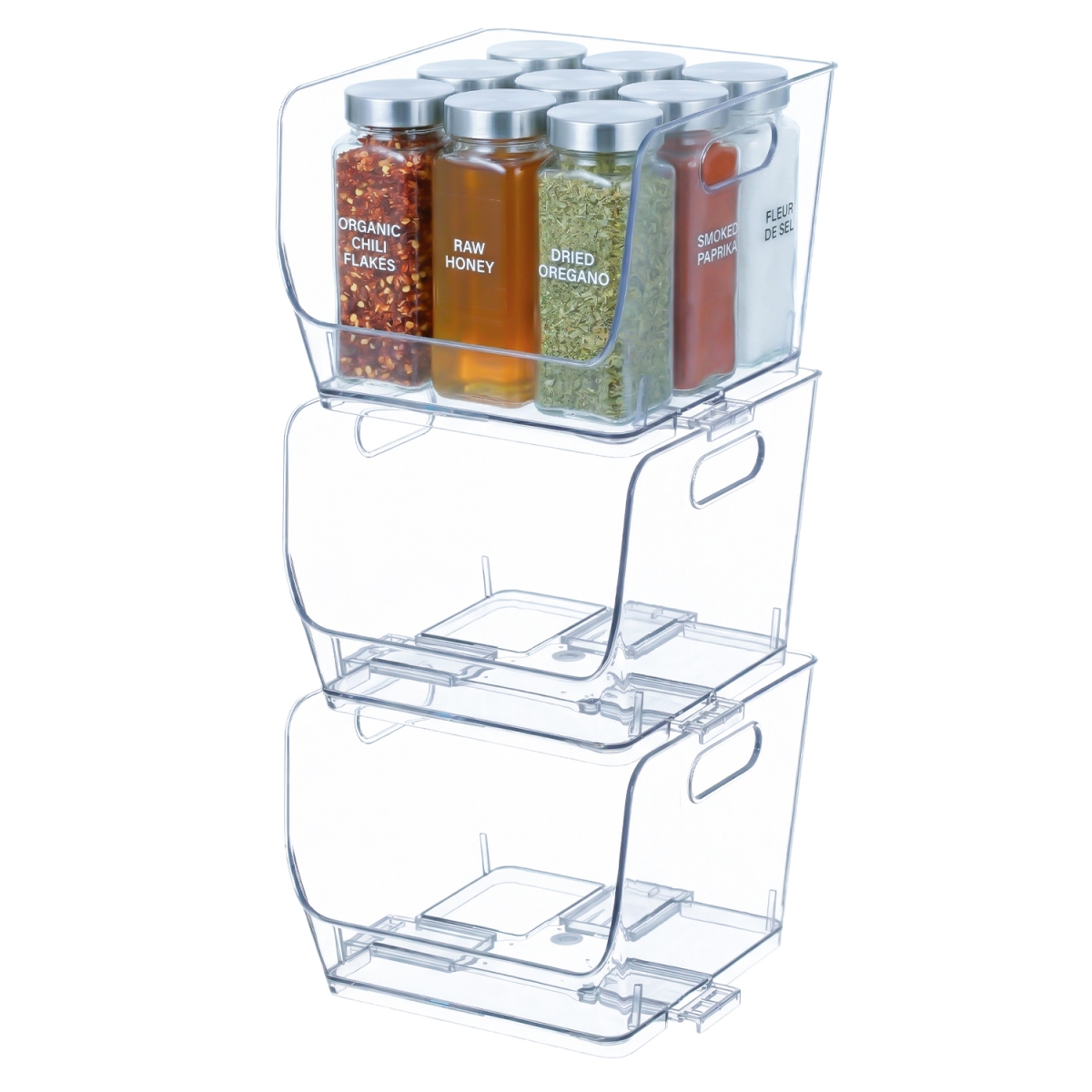 QI004986.M.3  Set of 3 Open-Front 9-Inch Clear Storage Bins with Easy-Grip Handles Stackable Transparent Plastic Organizer Containers