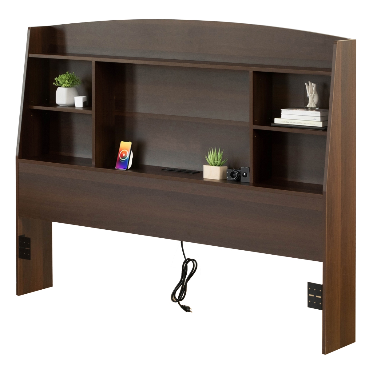 QI00500362.BN 62' Queen Storage Headboard with Open Shelving and Built-In Cable Multi-Section Organizer Space-Saving Bedroom Setup